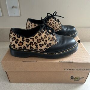 Dr Martens 1461 Black Leather and Hair-On Leopard Print 3-Eyelet Lace-Up Shoes